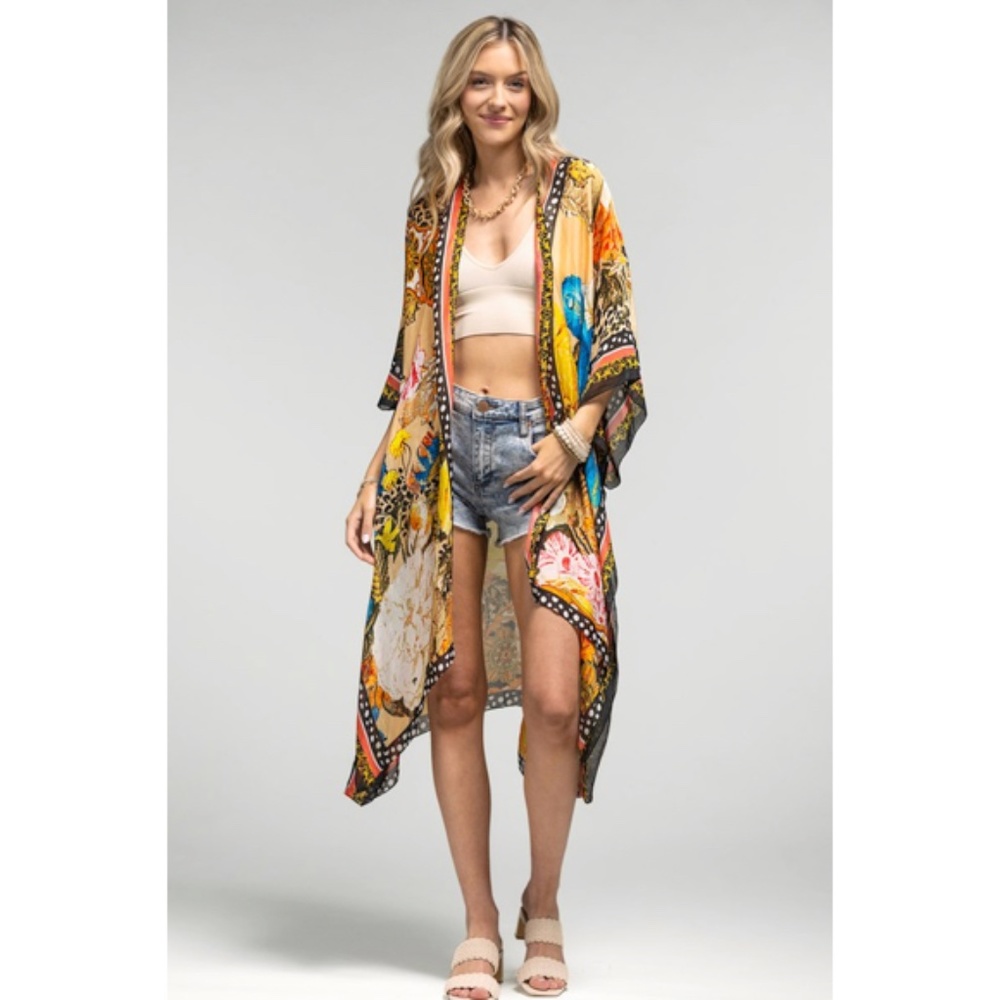 SOLD OUT Milan Colorful Leopard Animal Print & Floral Border Kimono Wrap Coverup - Picture 2 of 15